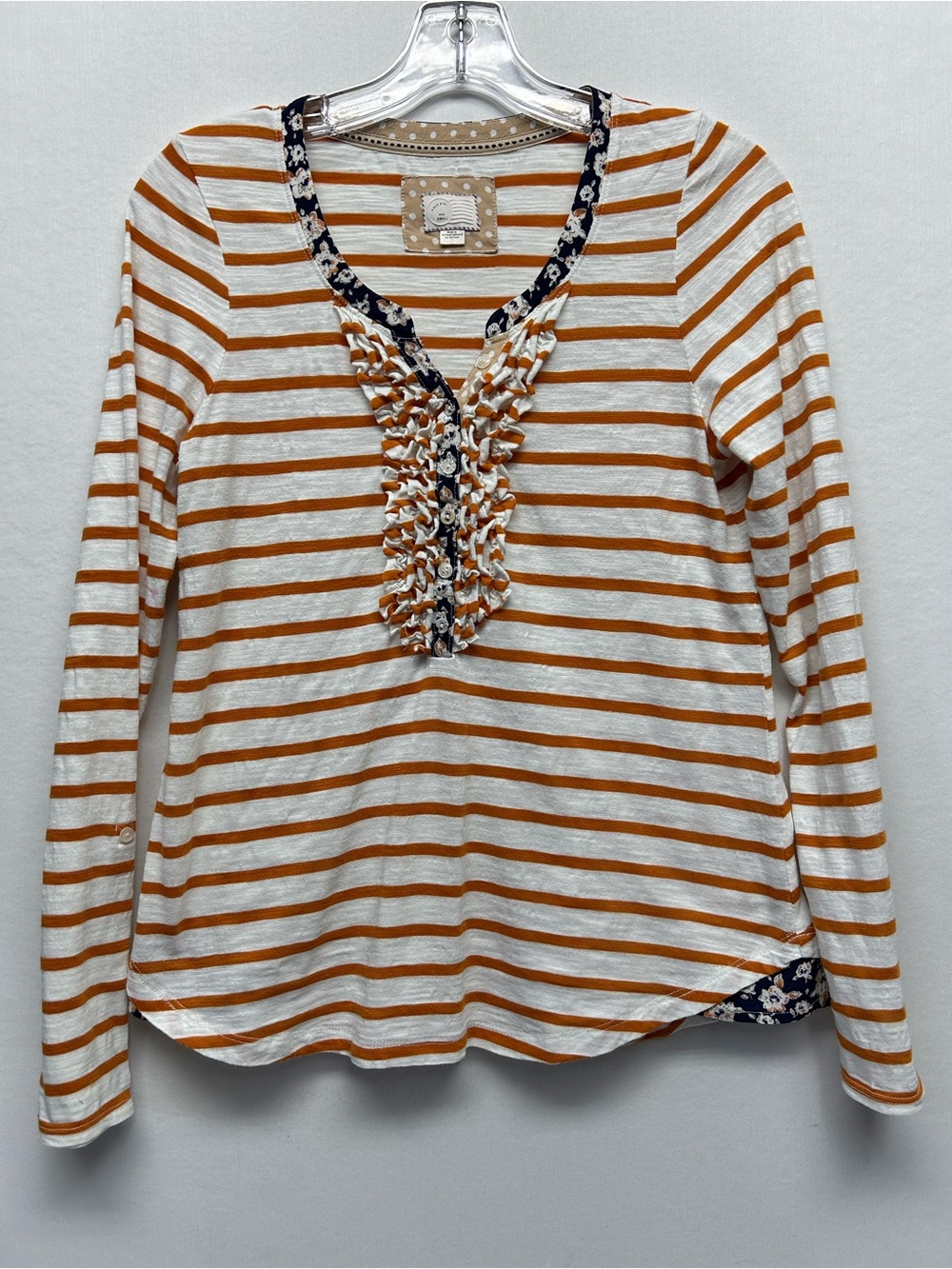 Striped Ruffle V-Neck Long Sleeve Top - White & Mustard